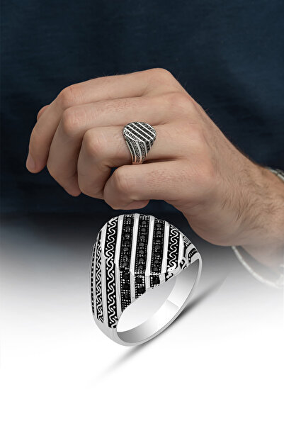 ALYANSEVİM Çizgili Mikro Taşlı 925 Gümüş Erkek Yüzük