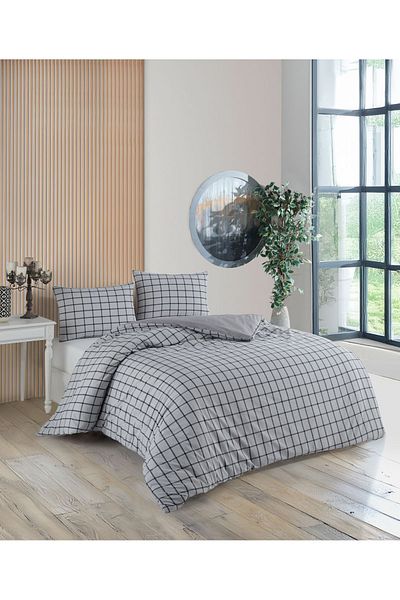 uykulife home collection Σετ Παπλωματοθήκη Sleepulife Διπλό Γκρι Μαύρο Ριγέ καρό