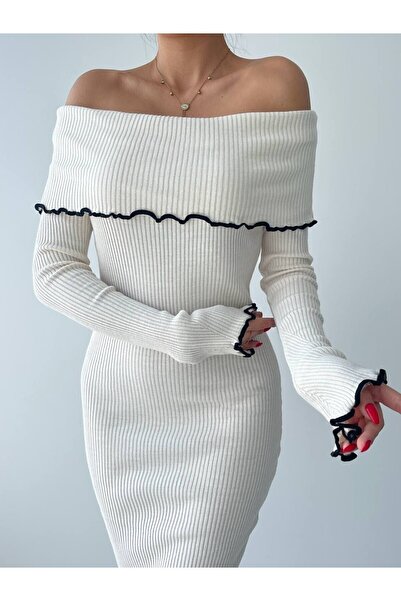 Julidress Krem Bej Madonna Yaka Fitilli Şerit Detaylı Premium Midi Boy Triko Elbise