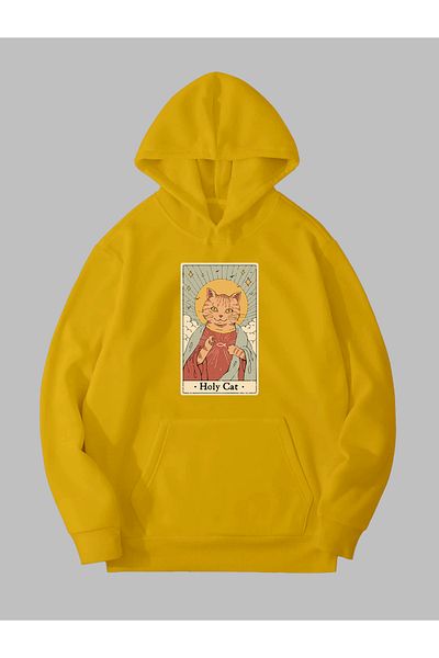 Harmandar Φούτερ με κίτρινη κουκούλα με στάμπα Holy Cat - Hoodie Kangaroo Pocket