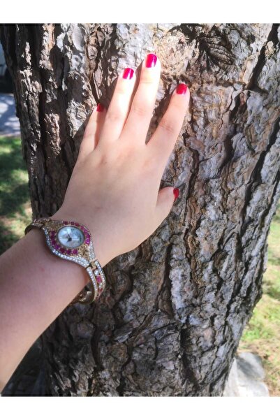 QUARTZ Otantik Bakır Görünümlü Yakut Ve Zirkon Taşlı Kadın Gümüş Kol Saati 925 Ayar 37,50 gram