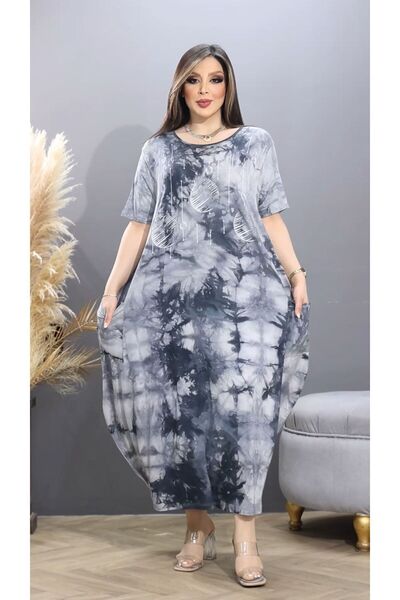 HÜLYA BUTİK Plus Size Printed and Pocketed Tie-Dye Women's Dress