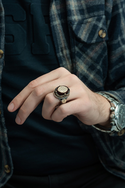 ALYANSEVİM Kırmızı Sıkma Kehribar Taşlı 925 Gümüş Erkek Yüzük