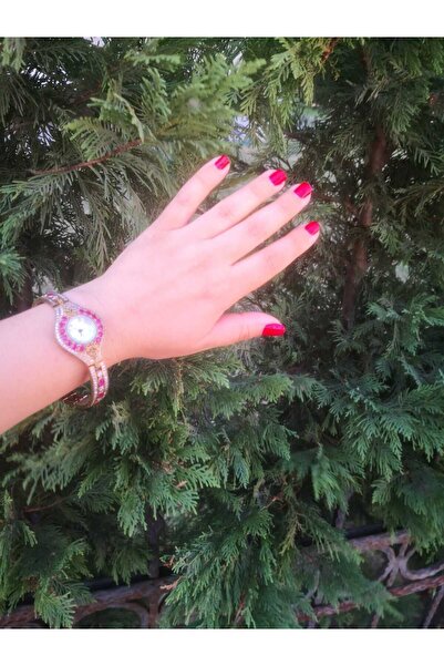 QUARTZ Otantik Bakır Görünümlü Yakut Ve Zirkon Taşlı Kadın Gümüş Kol Saati 925 Ayar 37,50 gram