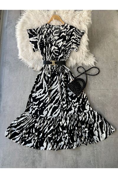 modabetce Γυναικείο φόρεμα Zebra με διπλό γιακά - Χωρίς ζώνη 012