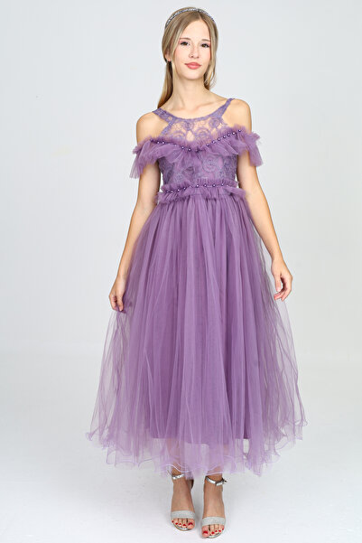 Asortix Kız Çocuk Tül Kumaş Işlemeli Astarlı Kolsuz Uzun Gece Parti Mezuniyet Zarif Abiye Elbise