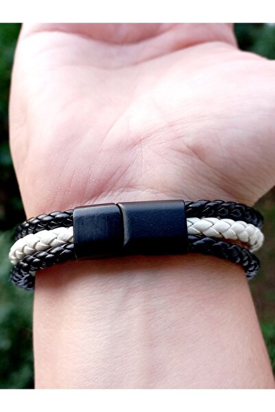 REGGENTE Siyah Beyaz Örgü Deri Bileklik