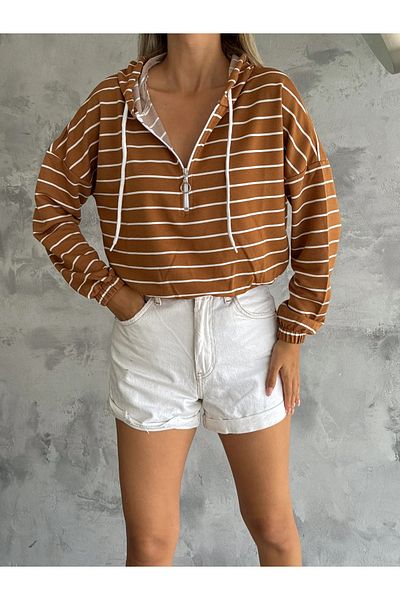 Velista Hooded Thin Striped Half Zipper Women's Sweatshirt