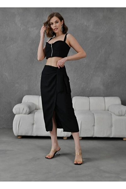 Butik Beyza Yandan Bağlamalı Keten Etek