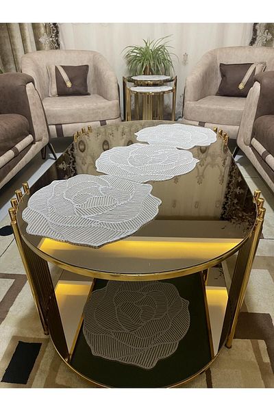 Tekstilsa Luxury Runner Living Room Coffee Table Table Cover Set French Laced Dowry Set (GREY)5 Pieces Rectangular