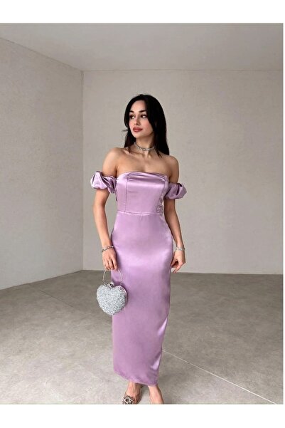 Rabia Çelik Kol Detaylı Saten Lila Midi Elbise
