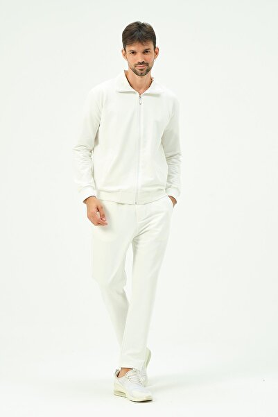 C&City Ανδρική φόρμα 8701 εκρού με γιακά μπροστά με φερμουάρ ίσια