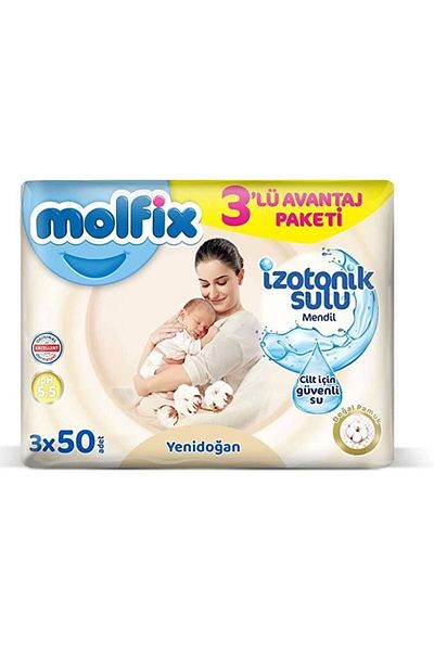 Molfix 150 Sheets 3 Pack Isotonic Water Natural Cotton Towel Wipes - Newborn