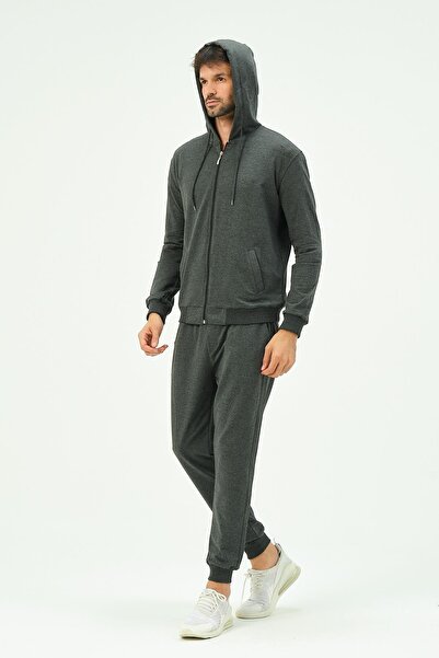 C&City Men's Hooded, Zippered Front and Cuffed Leg Tracksuit 8702 Anthracite