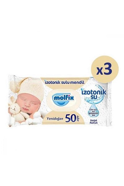 Molfix 150 Sheets 3 Pack Isotonic Water Natural Cotton Towel Wipes - Newborn