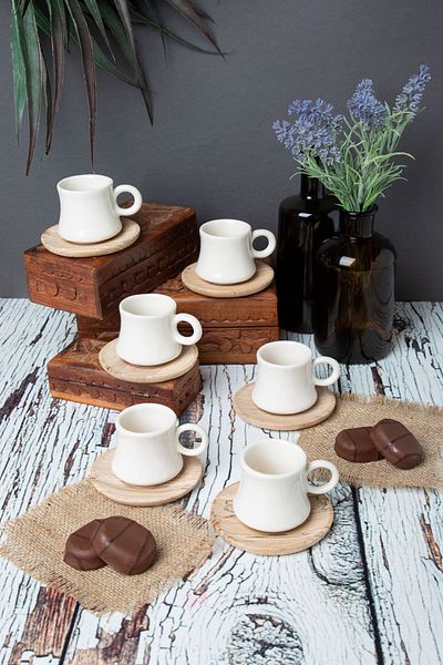 DDATELİER 6-Person Coffee Set with Wooden Plate Bamboo Cup Set Ceramic Cup Turkish Coffee Cup Set