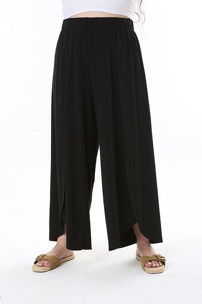 Şans Plus Size Black Buzy Fabric - FroNt Slit aNd Elastic Waist PaNts 65N38140