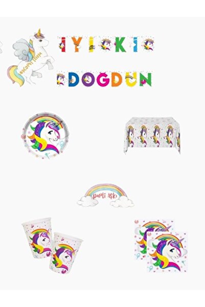 PARTİ AŞKI Unicorn Temalı 5'li Doğum Günü Seti (Banner Tabak Bardak Peçete Ma...