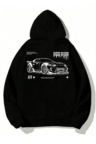 LA GULER Super Racing Printed Unisex Oversize βαμβακερό φούτερ με κουκούλα - με κουκούλα και τσέπες