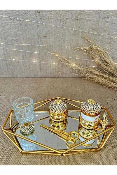 TutkuSetUp Taş Detaylı Prizma Tepsi Seti Taşlı Damat Kahve Tepsisi