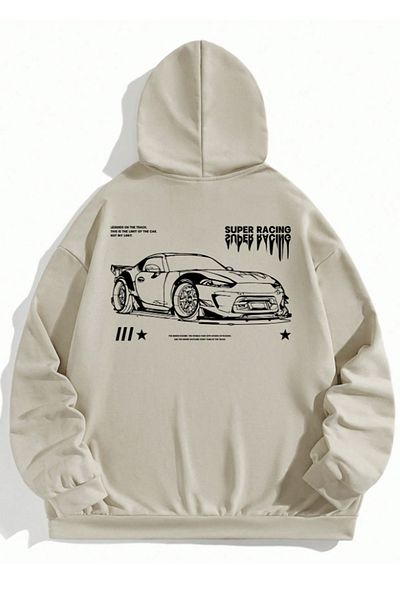 LA GULER Super Racing Printed Unisex Oversize βαμβακερό φούτερ με κουκούλα - με κουκούλα και τσέπες