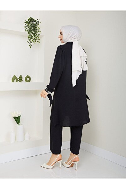 asyadabutik Σετ διπλό χιτζάμπ μεγάλου μεγέθους με μαργαριταρένιο γιακά και μανσέτες