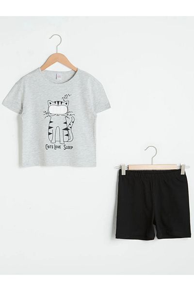 LC Waikiki Lcw Eco - New Black Crew Neck Printed Short Sleeve Shorts Pajamas Set for Girl