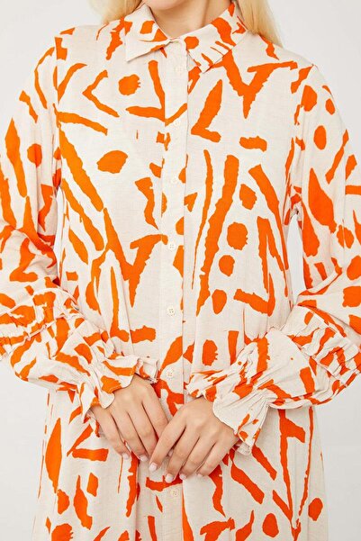 Levidor Oranj Fırfır Detaylı Gömlek Elbise