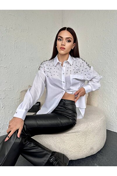 oshebu Alb – Cămașă de damă din poplin cu mâneci lungi, cu strasuri