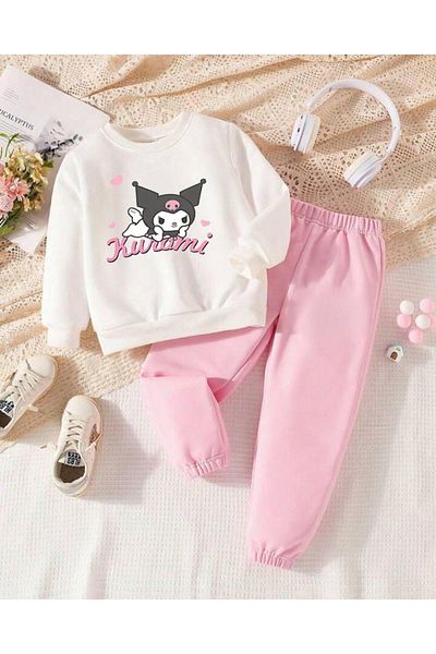 MORNİNG KİDS White-pinkKuromiPrinted Girl's Tracksuit Set - Crew Neck
