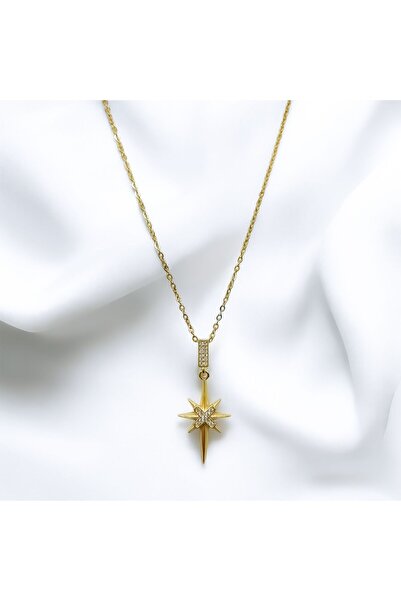 MELLS TAKI YILDIZ CHARM ÜZERİ ZİRKON TAŞ İŞLEMELİ GOLD KOLYE 316L PASLANMAZ Ç...