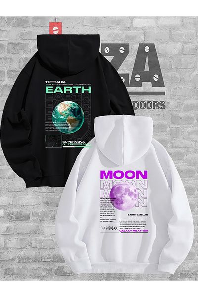 Joza Outdoors Lover Earth and Moon Printed Hooded Sweatshirt 2-Piece Set for Men and Women