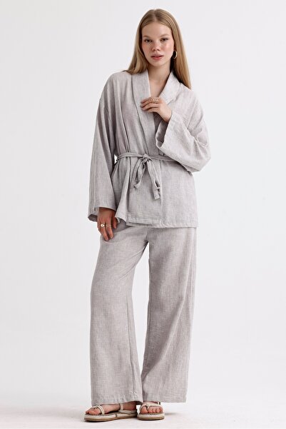 MD trend Linen Suit - Spanish Sleeve, Belted Jacket and Lace-up Palazzo Trousers