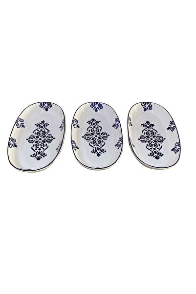 MTD SERAMİK 27 Cm Nettle Blue Patterned Boat Plate - 3 Pieces