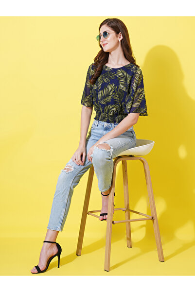 U&F By Styli Tropical Print Crop Top with Tie-Back