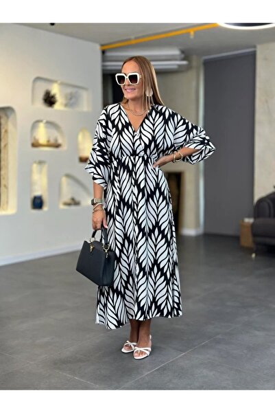 Modayakamoz Rochie lungă de damă cu model Başak, negru și alb, cu două rândur...