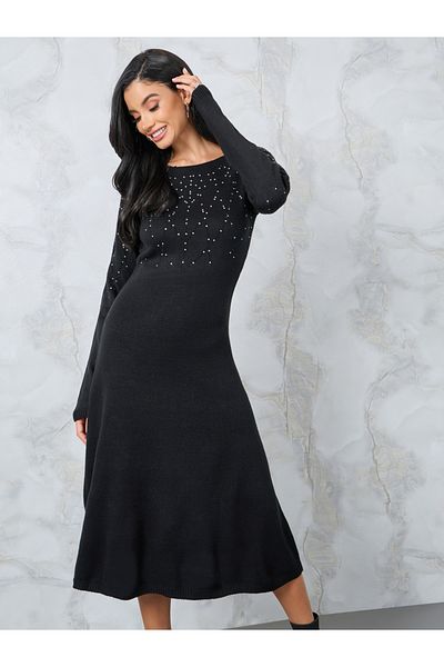 Styli Embellished Knit Sweater Midi Dress