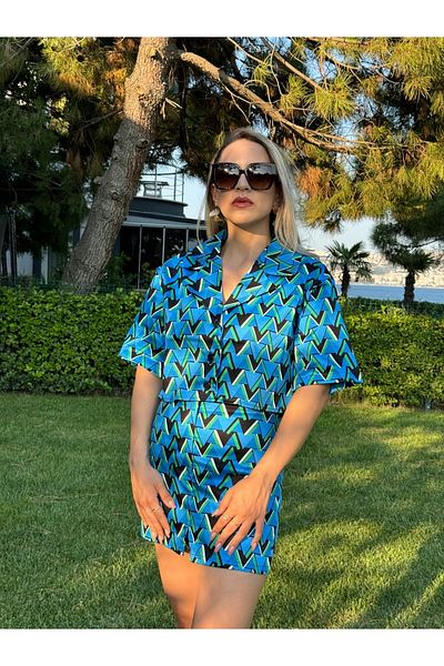 ayriss Blue Patterned Double Breasted Collar Shirt and Shorts Set