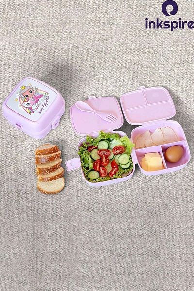 inkspire 2-Layer 4-Compartment Food Storage Container - Children's Lunch Box with Spoon