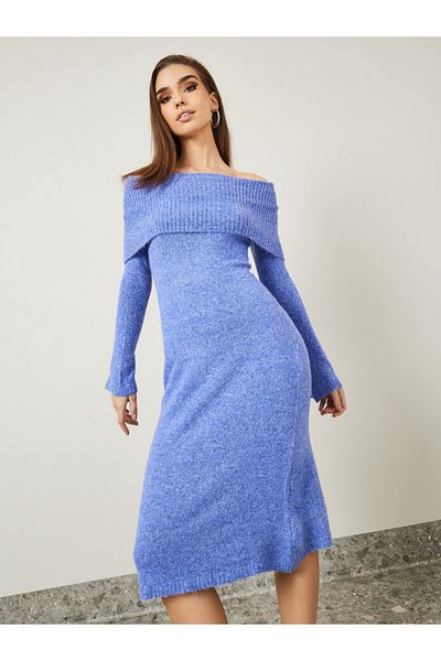 Styli Off Shoulder Knit Sweater Midi Dress