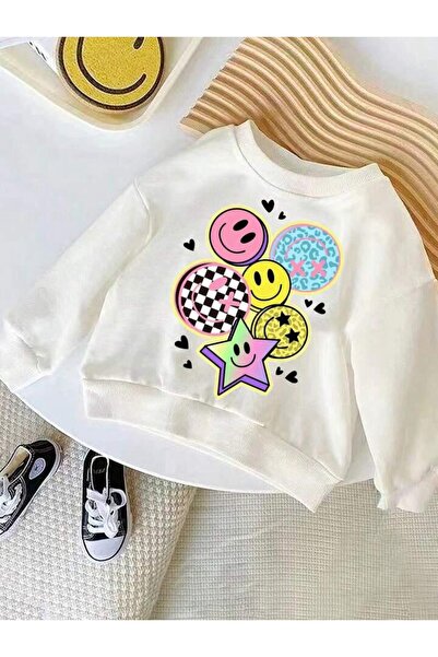 MORNİNG KİDS Hanorac pentru fete cu imprimeu Smiling Faces și decolteu tip cr...