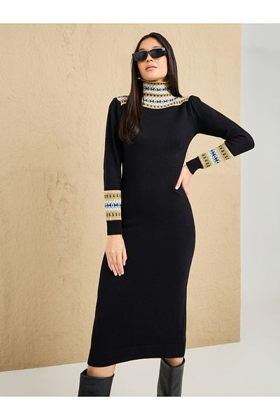 Styli Embroidered Pattern Knit Sweater Midi Dress