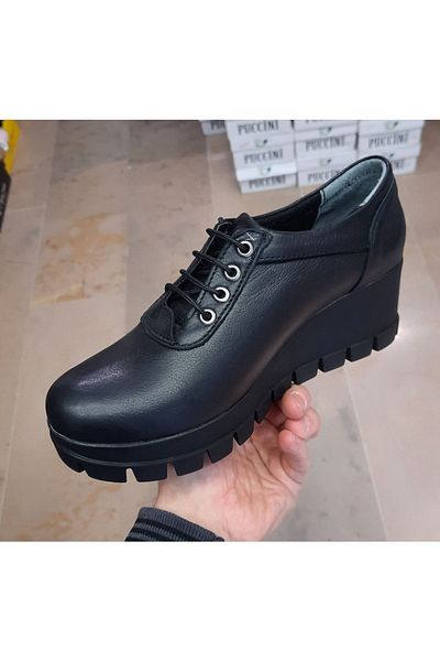 BRGL Pantofi negri cu șireturi, cu platformă ortopedică din piele naturală