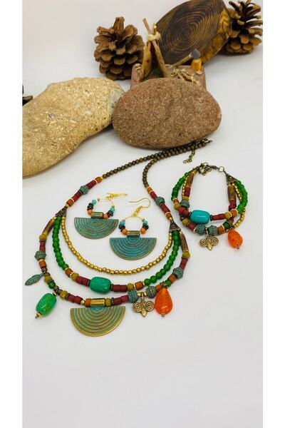 Porsuk Alternatif El Yapımı Etnik Otantik Hippi Bohem Kolye Küpe Bileklik Set