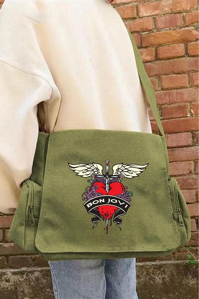 Touz Moda Bon Jovi Printed Unisex Green Messenger Τσάντα