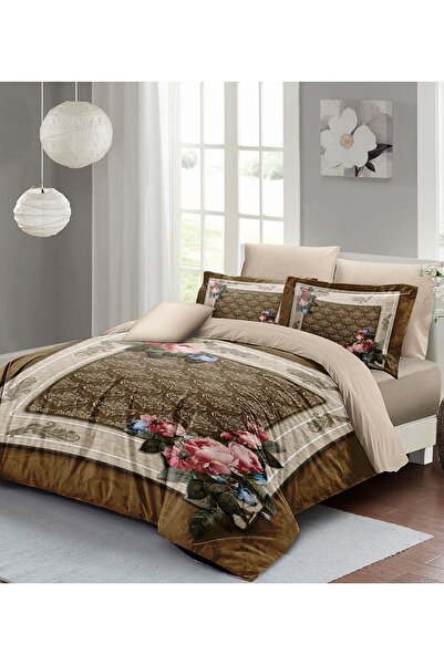 MonoHome Set cuvertură de pilota dublă din satin 100% bumbac maro Fantasy cu cearșafuri elastice