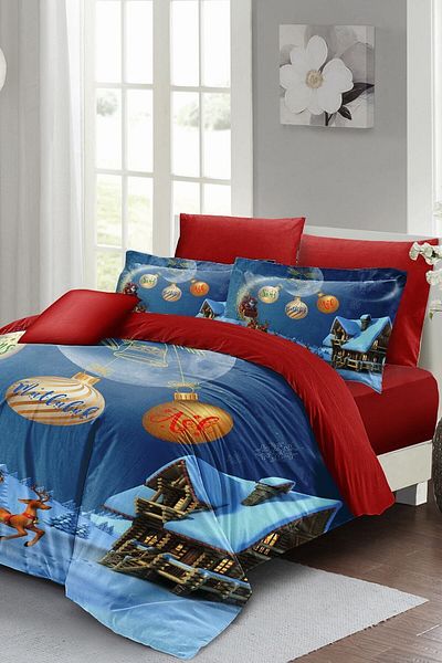 MonoHome Christmas Duvet Cover Set (With Elastic Sheets) Double 100% Cotton Satin Wish Christmas