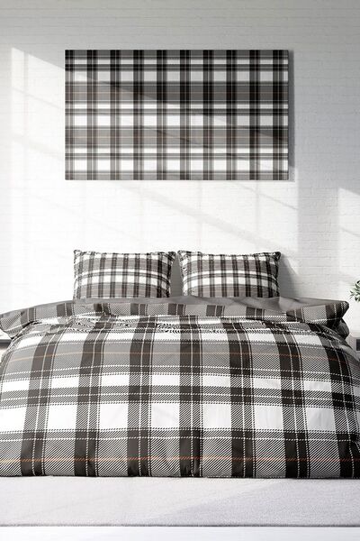 MonoHome Gray Plaid - 100% Cotton Satin Double Duvet Cover Set