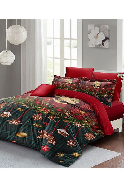 MonoHome New Year's Double Duvet Cover - Elastic and 100% Cotton Satin Christmas Decoration