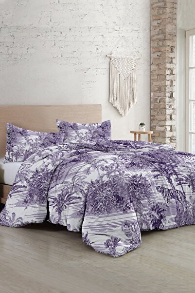 MonoHome Set lenjerie de pat dublu, personalizat, din bumbac țesut, din pânză din satin, colecție Tropical Island Purple